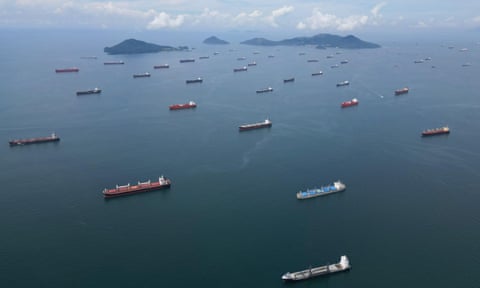 Ships can be seen waiting to cross the Panama Canal on the Pacific side of the canal.
