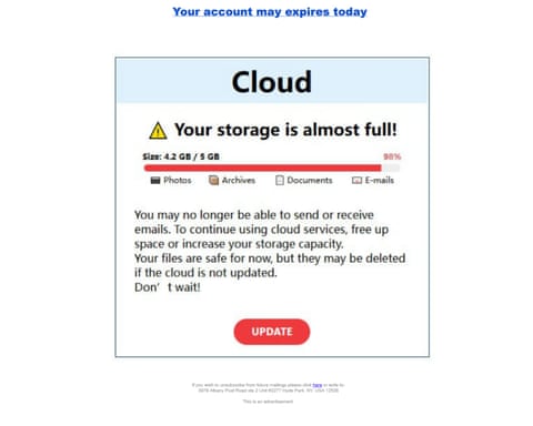 A scam email telling the recipient their Cloud storage is full.