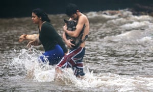 Residents carry dogs through flood waters to dry land on the Big Island on Thursday in Hilo, Hawaii. Hurricane Lane has brought more than a foot of rainfall to some parts of the Big Island.