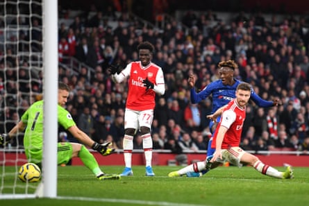Chelsea’s Tammy Abraham scores the winner in a 2-1 victory for Chelsea at the Emirates in 2019.