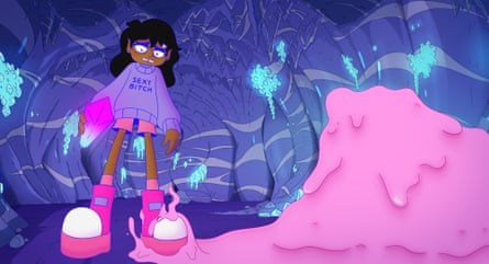 Animated still of the woman in purple standing in a cave near some pink goop. She is holding a bright pink crystal