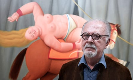 Fernando Botero with one of his paintings in the 2017 exhibition Botero, Dialogue Avec Picasso, at Hotel de Caumont, Aix en Provence, southern France.