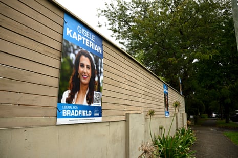 A corflute for Liberal candidate Gisele Kapterian seen on a fence.