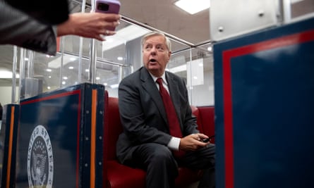 Lindsey Graham rides the Senate subway on Capitol Hill.