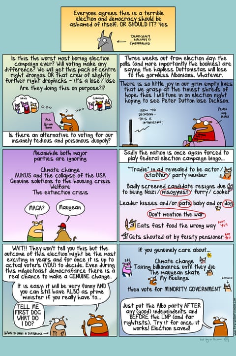 First Dog on the Moon cartoon on Election Vibes, panel 1