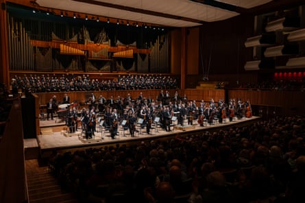 Crammed on … the London Philharmonic Orchestra, London Philharmonic Choir and London Chinese Philharmonic Choir needed an extended stage.
