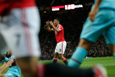 Anthony Martial despairs as a shot goes wide in Manchester United’s 0-0 draw with West Ham.