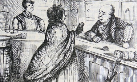 Woman complaining to the grocer that he has sold her coffee adulterated with cheaper chicory in a cartoon from Punch, London, 1852.