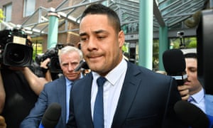 Jarryd Hayne leaving court in Sydney after appearing on charges of sexual assault and inflicting bodily harm.