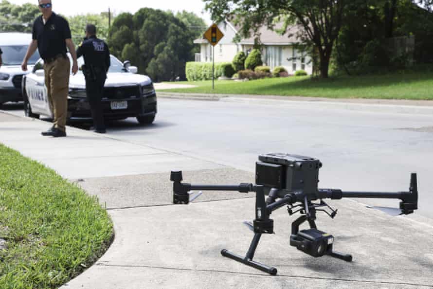 A Dallas police drone sits on Fieldcrest Drive in Dallas.  Dallas police surveyed the area where a coyote may be roaming.