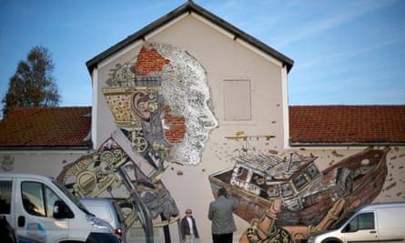 ‘Banksy meets Damien Hirst’ in street art by the Portuguese artist Alexandre Farto, known by the tag name Vhils.