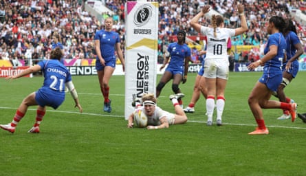 Meg Jones scores England’s fifth and final try during their World Cup semi-final match against France.