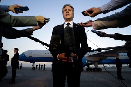 US secretary of state Antony Blinken speaks to the media before boarding his plane in Cairo.