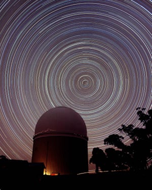 Star trails around the south celestial pole above the Siding Spring Observatory in the Warrumbungle national park, NSW