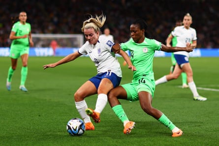 Lauren Hemp shields the ball during England’s last-16 tie against Nigeria.