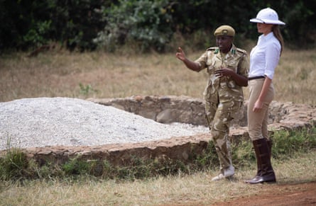 Melania Trump talks with Park Manager Nelly Palmeris at the Nairobi National Park