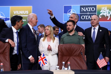 Meloni with Volodymyr Zelenskiy, Joe Biden, Rishi Sunak and Jens Stoltenberg at the Nato leaders summit in Vilnius, Lithuania, in July.