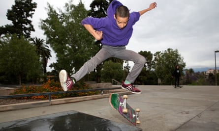 A skate boarders at Hollenbeck Park, where an opera performance was disrupted by local campaigners.