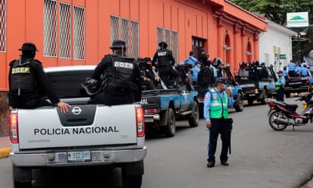 Police officers and riot police patrol outside Matagalpa’s diocese building preventing Rolando Álvarez from leaving earlier this month.