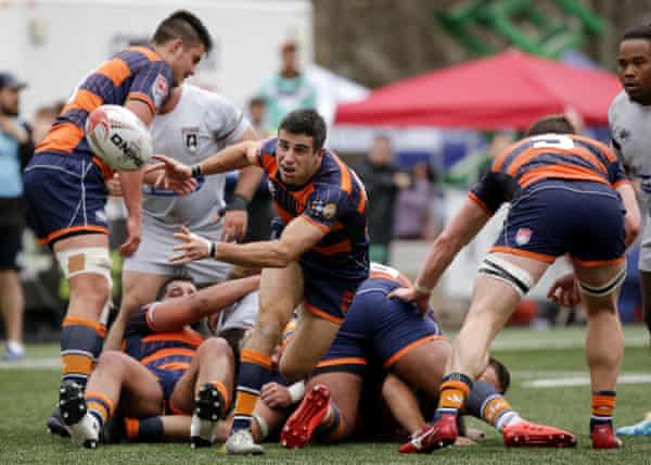 Mike Petri passes the ball from the back of a ruck against Rugby ATL.