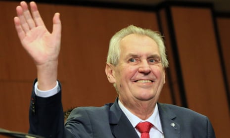 Miloš Zeman waves to the audience as he celebrates his victory with his staff members after he was reelected Czech President on 27 Januar.