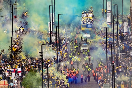 The Leeds bus parade in May, showing off the Championship trophy.