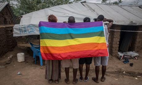 Uganda anonymous protest <br>Kakuma, Turkana County, Kenya. 14th Oct, 2018. Ugandan LGBT refugees pose in a protected section of Kakuma refugee camp in northwest Kenya. They fled Uganda following the anti-gay law brought in 2014.Kakuma refugee camp in northwest Kenya is home to more than 180,000 refugees and asylum seekers, from countries including Uganda, South Sudan, Sudan, Ethiopia, Tanzania and Somalia.