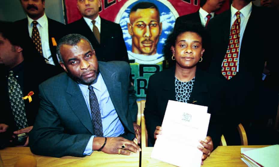 Stephen Lawrence’s parents, Neville And Doreen Lawrence, at a press conference following the publication of the Macpherson report, 1999.