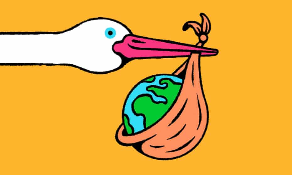 Stork delivering the Earth as a 'baby'