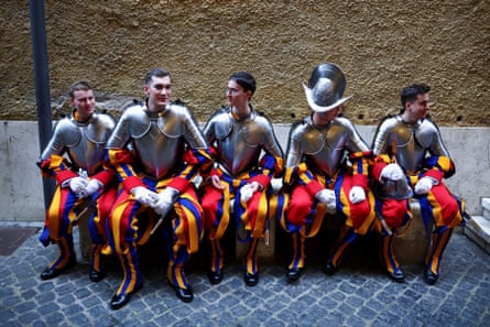 Swiss Guards take a break between training sessions.