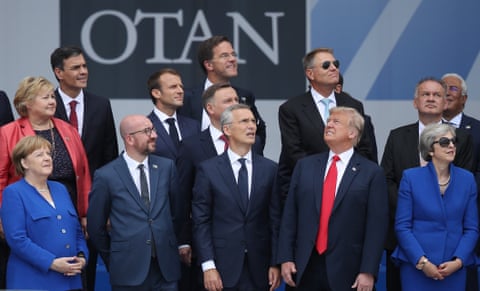 BRUSSELS, BELGIUM - JULY 11: (From L to R, first row) German Chancellor Angela Merkel, Belgian Prime Minister Charles Michel, NATO Secretary General Jens Stoltenberg, U.S. President Donald Trump and British Prime Minister Theresa May attend the opening ceremony at the 2018 NATO Summit at NATO headquarters on July 11, 2018 in Brussels, Belgium.