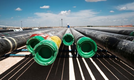 A row of pipes at a Chevron’s oil exploration drilling site near Midland, Texas.