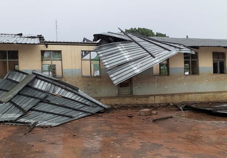 A roof blown off a school building in Angoche, Mozambique