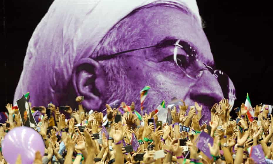 An image of Iran’s current president, Hassan Rouhani, at an election rally in Tehran