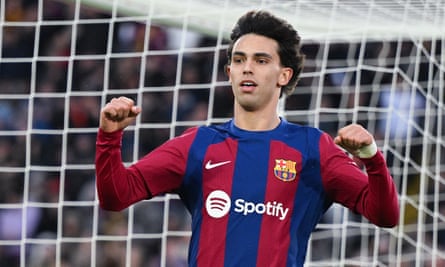 João Félix celebrates scoring for Barcelona against Getafe.