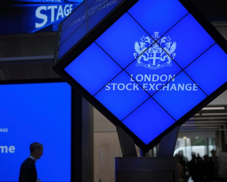 A logo is displayed inside the London Stock Exchange, in the City of London, Monday, March 17, 2025
