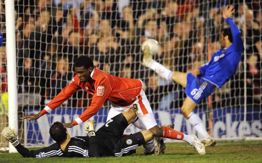 Barnsley’s Kayode Odejayi scores the winner against Chelsea.