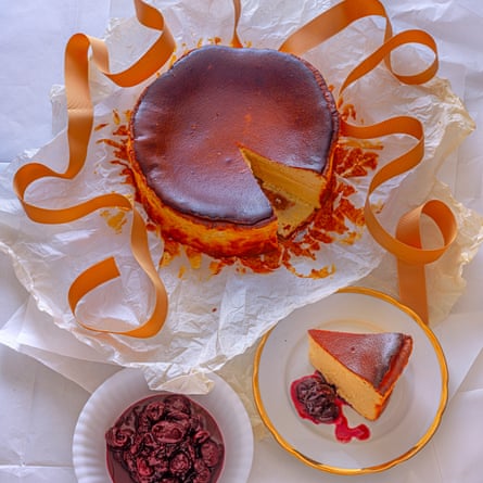 Cheesecake with mulled wine cherry compote.