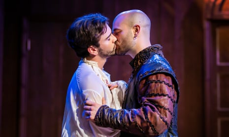 You kiss by the book … Connor Delves (left) as Mercutio and Tommy Sim’aan as Tybalt in Starcrossed at Wilton’s Music Hall.