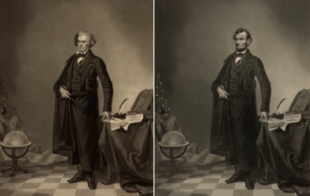 Sepia images showing, on left, an engraving of John Calhourn in 1852 and, on right, Abraham Lincoln’s 1865 head superimposed o. the body of Calhoun