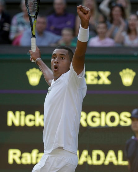Nick Kyrgios celebrates winning the third-set tie-break against Rafael Nadal at Wimbledon in 2014