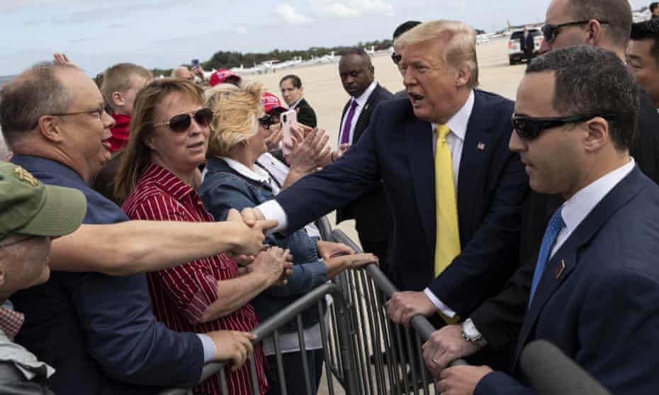 Donald Trump<br>President Donald Trump shakes hands with supporters upon arrival at the Orlando Sanford International Airport, Monday, March 9, 2020 in Orlando, Fla. (AP Photo/Alex Brandon)