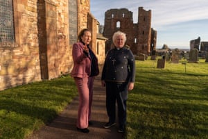 Anne-Marie Trevelyan, MP for Berwick-upon-Tweed, with Reverend Dr Sarah Hills on Lindisfarne