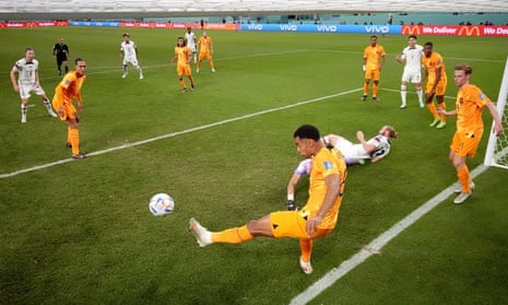 Netherlands' Cody Gakpo clears a shot off the line from Tim Ream