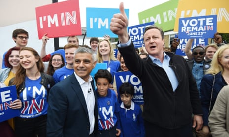 David Cameron and Sadiq Khan greet supporters during the launch of the battle bus for the ‘Remain In’ campaign in London.