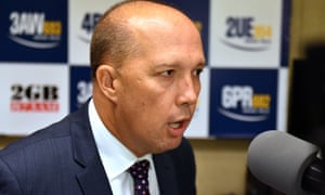 Minister for Immigration Peter Dutton at a radio interview at Parliament House in Canberra