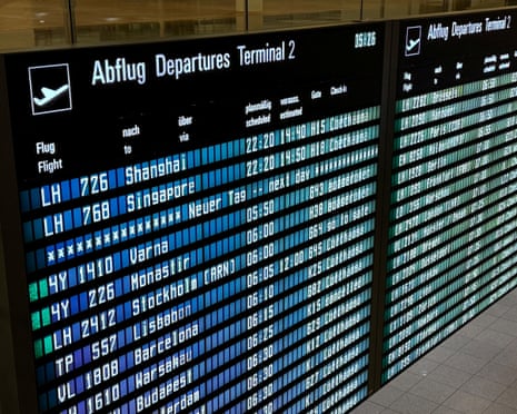 A departure board indicating cancelled flights is pictured inside the airport in Munich, Germany.