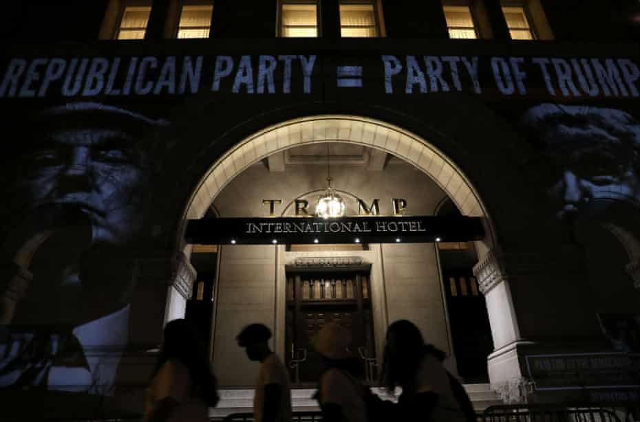 The Trump hotel in Washington, with a projection by the Democratic national committee.