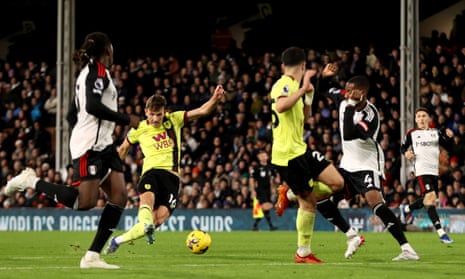 Sander Berge scores Burnley’s second goal at Fulham.