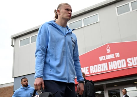 Manchester City striker Erling Haaland arrives at the City Ground for his team’s match against Nottingham Forest.